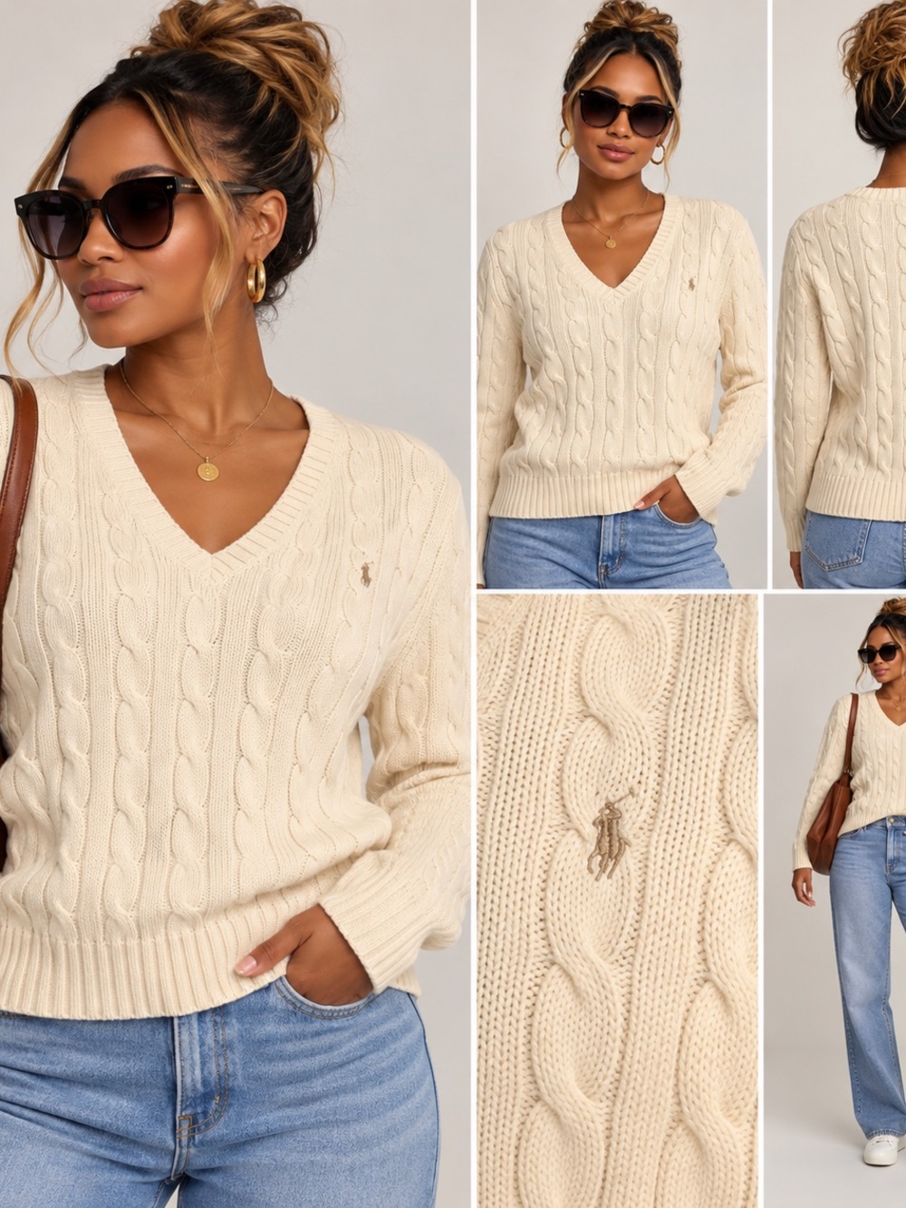 Ralph Lauren Cream Cable-Knit V-Neck Sweater